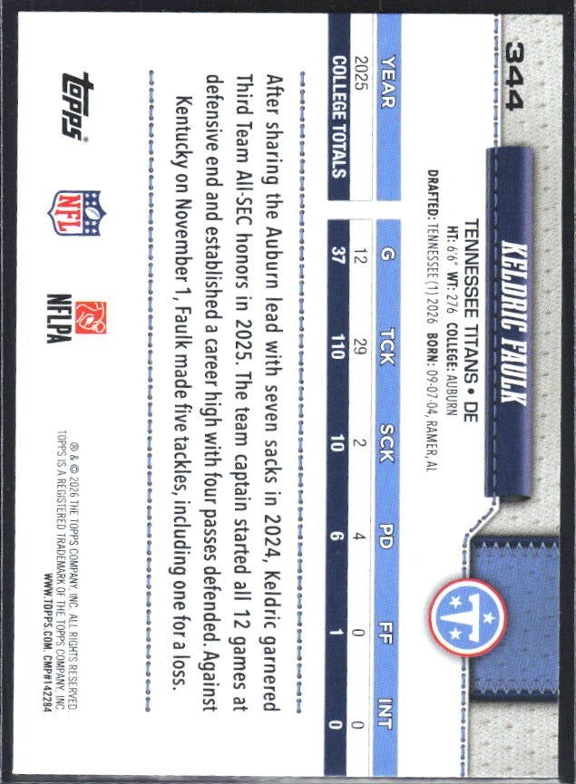 2026 Topps Flagship Football Keldric Faulk RC #344 – baksida