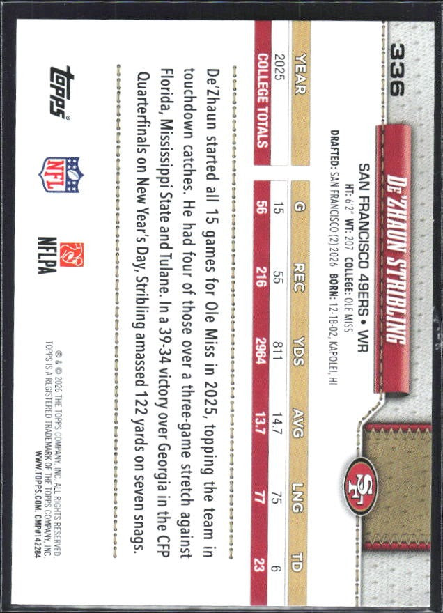 2026 Topps Flagship Football De’Zhaun Stribling RC #336 – baksida