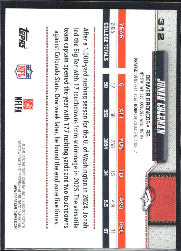 2026 Topps Flagship Football Jonah Coleman RC #312 – baksida