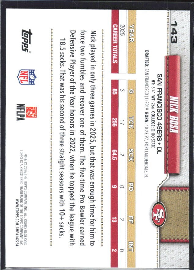 2026 Topps Flagship Football Nick Bosa #143 – baksida