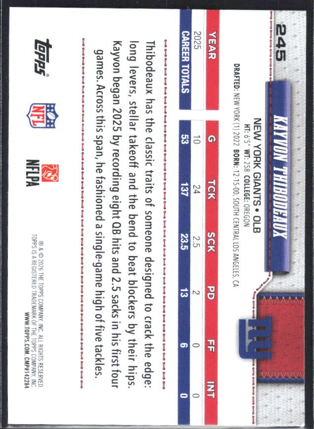 2026 Topps Flagship Football Kayvon Thibodeaux #245 – baksida
