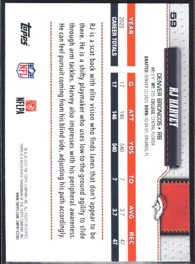 2026 Topps Flagship Football RJ Harvey #59 – baksida