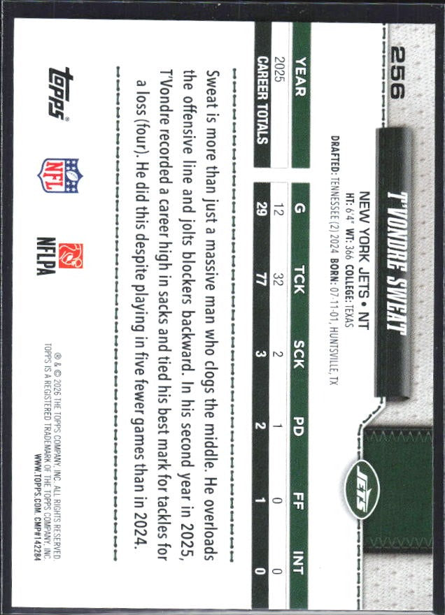 2026 Topps Flagship Football T’Vondre Sweat #256 – baksida