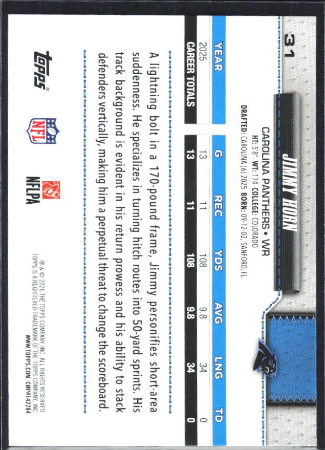 2026 Topps Flagship Football Jimmy Horn Jr. #31 – baksida