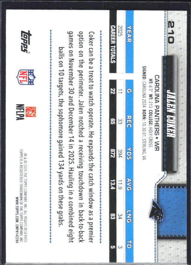 2026 Topps Flagship Football Jalen Coker #210 – baksida