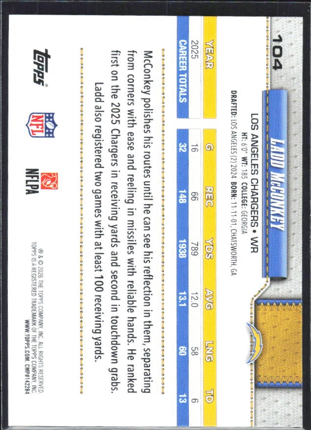 2026 Topps Flagship Football Ladd McConkey #104 – baksida