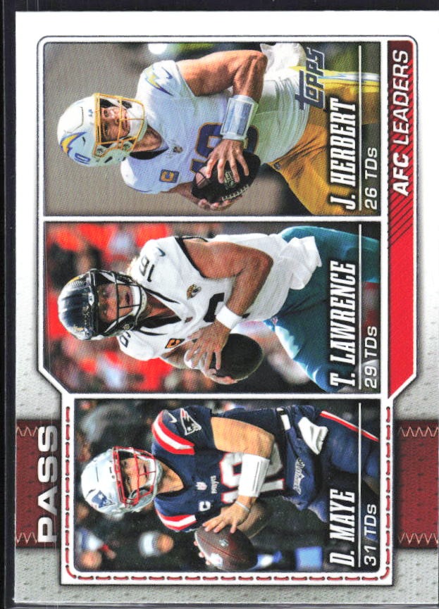 2026 Topps Flagship Football AFC Passing Leaders (Trevor Lawrence / Drake Maye / Justin Herbert) #282 – framsida
