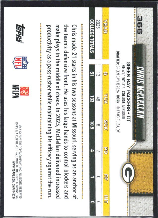 2026 Topps Flagship Football Chris McClellan RC #366 – baksida