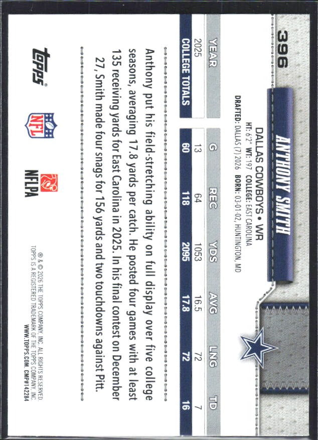 2026 Topps Flagship Football Anthony Smith RC #396 – baksida