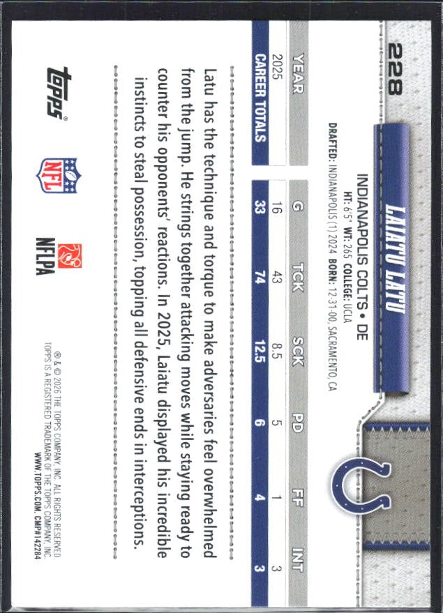 2026 Topps Flagship Football Laiatu Latu #228 – baksida