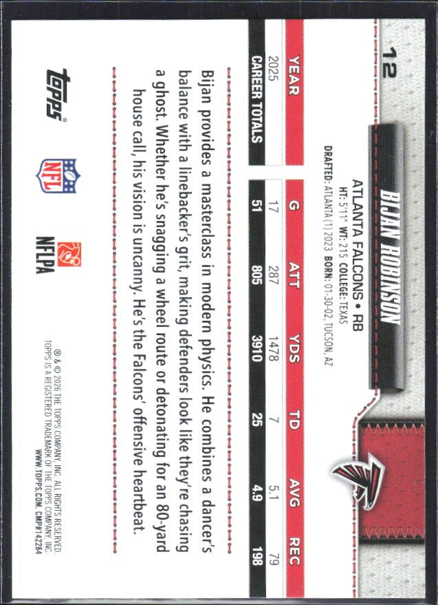 2026 Topps Flagship Football Bijan Robinson #12 – baksida