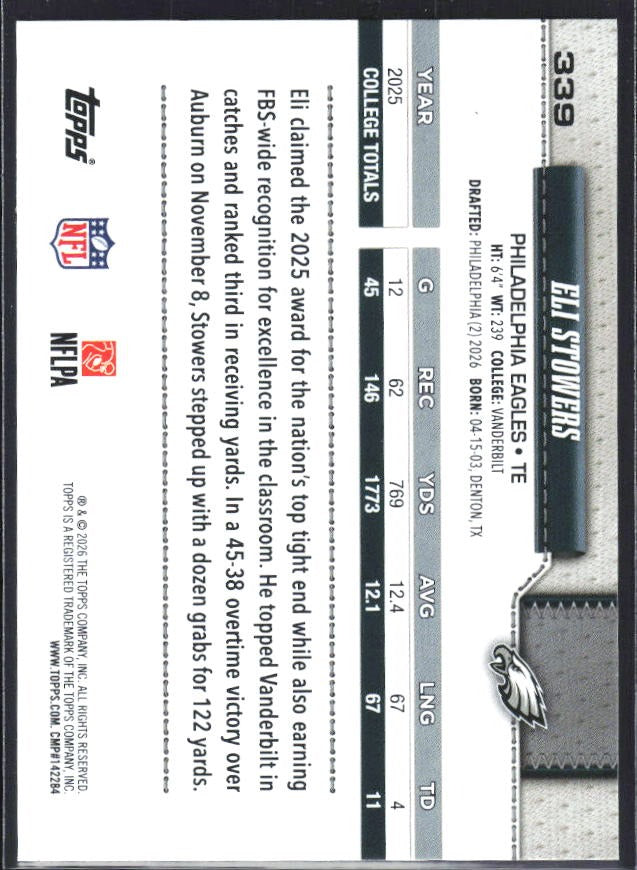2026 Topps Flagship Football Eli Stowers RC #339 – baksida