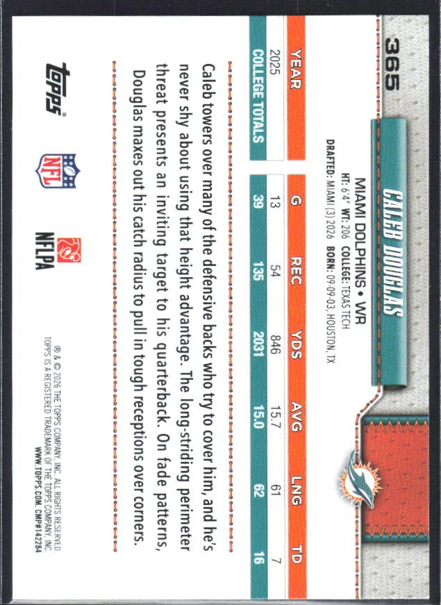 2026 Topps Flagship Football Caleb Douglas RC #365 – baksida
