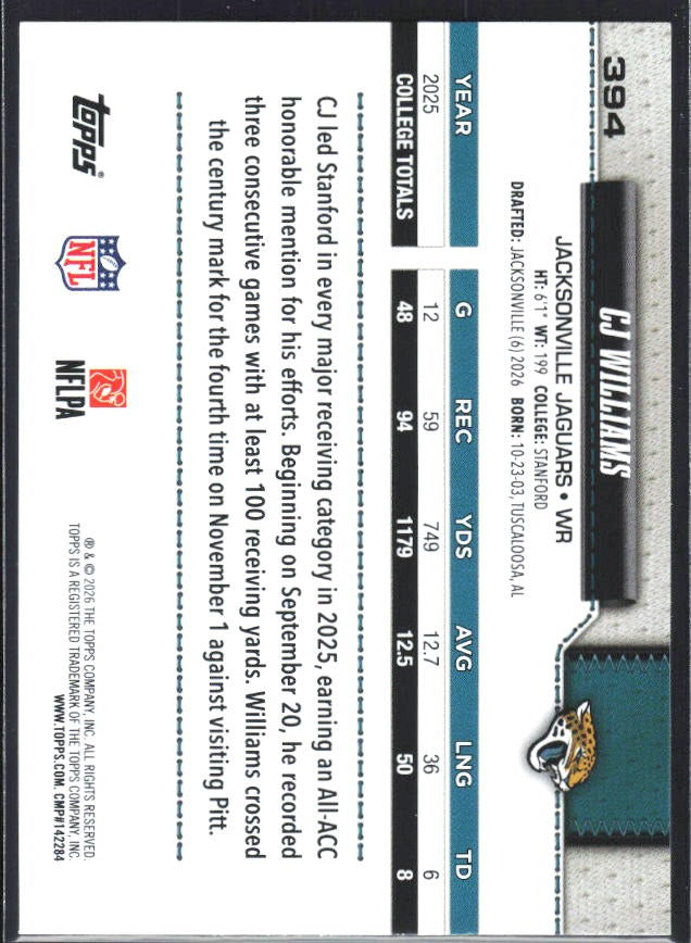 2026 Topps Flagship Football C.J. Williams RC #394 – baksida