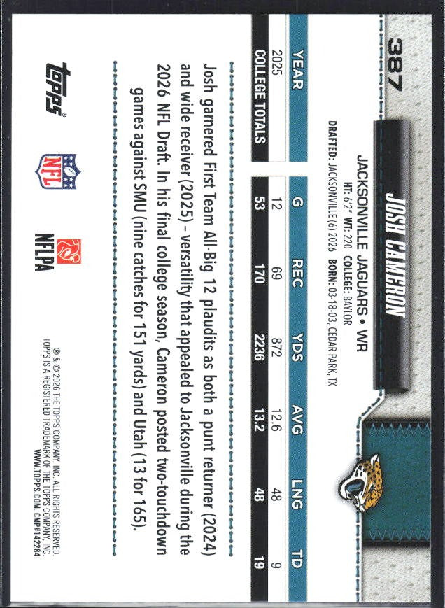 2026 Topps Flagship Football Josh Cameron RC #387 – baksida