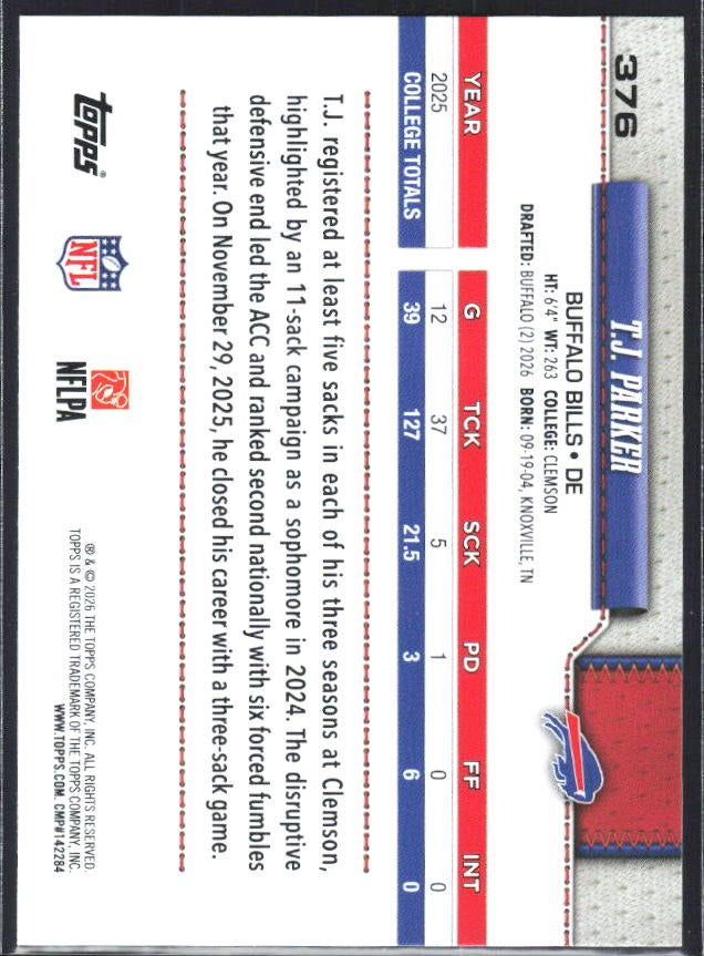 2026 Topps Flagship Football T.J. Parker RC #376 – baksida