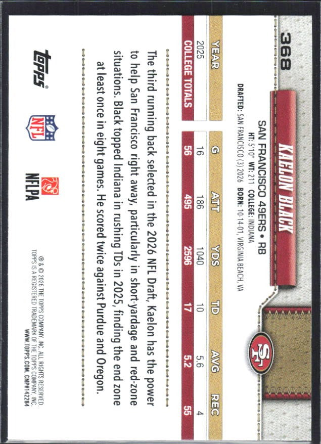 2026 Topps Flagship Football Kaelon Black RC #368 – baksida