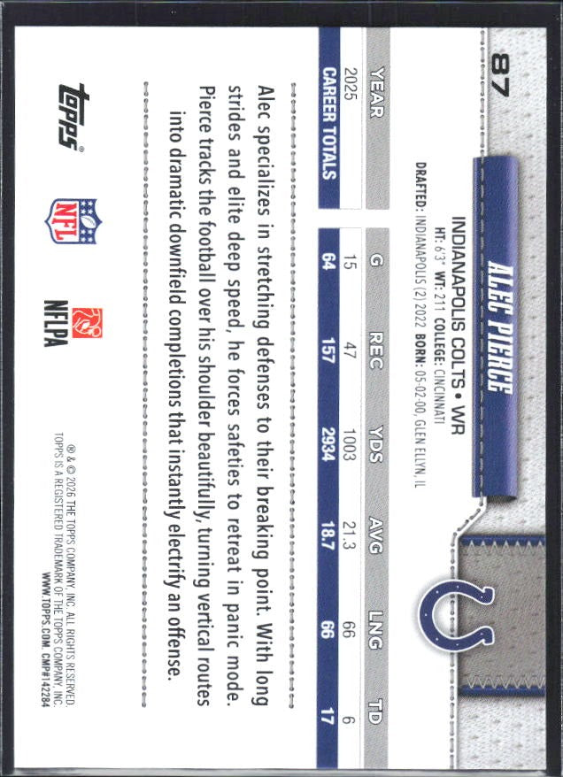 2026 Topps Flagship Football Alec Pierce #87 – baksida