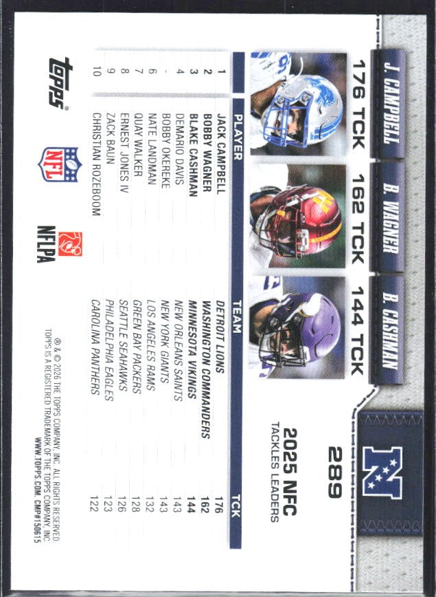 2026 Topps Flagship Football NFC Tackle Leaders (Bobby Wagner / Blake Cashman / Jack Campbell) #289 – baksida