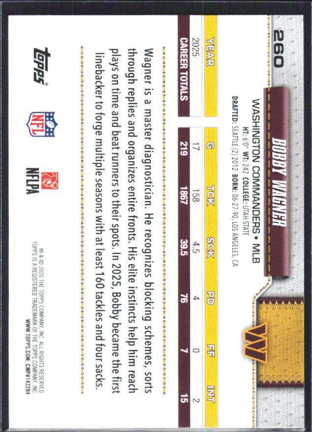 2026 Topps Flagship Football Bobby Wagner #260 – baksida