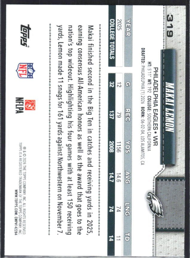 2026 Topps Flagship Football Makai Lemon RC #319 – baksida