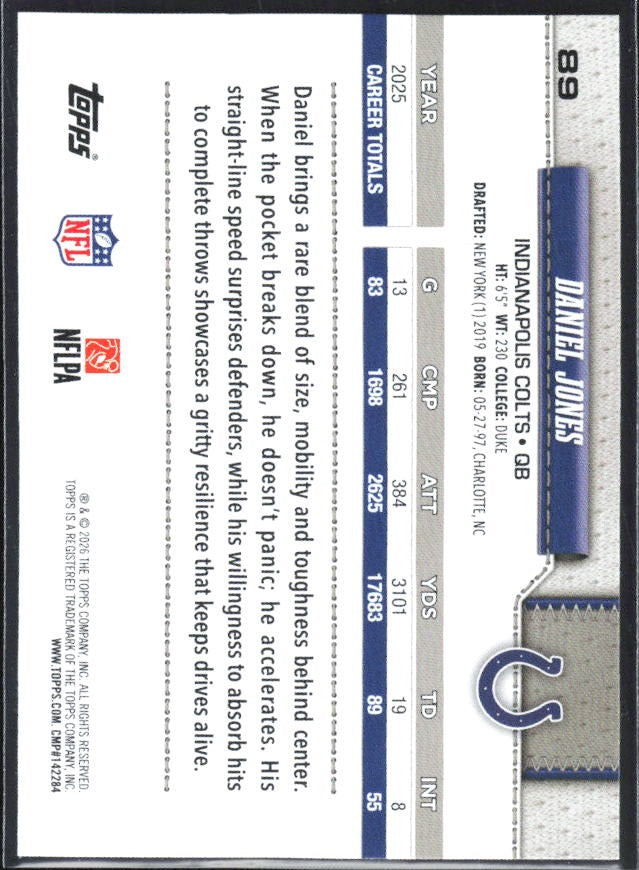 2026 Topps Flagship Football Daniel Jones #89 – baksida