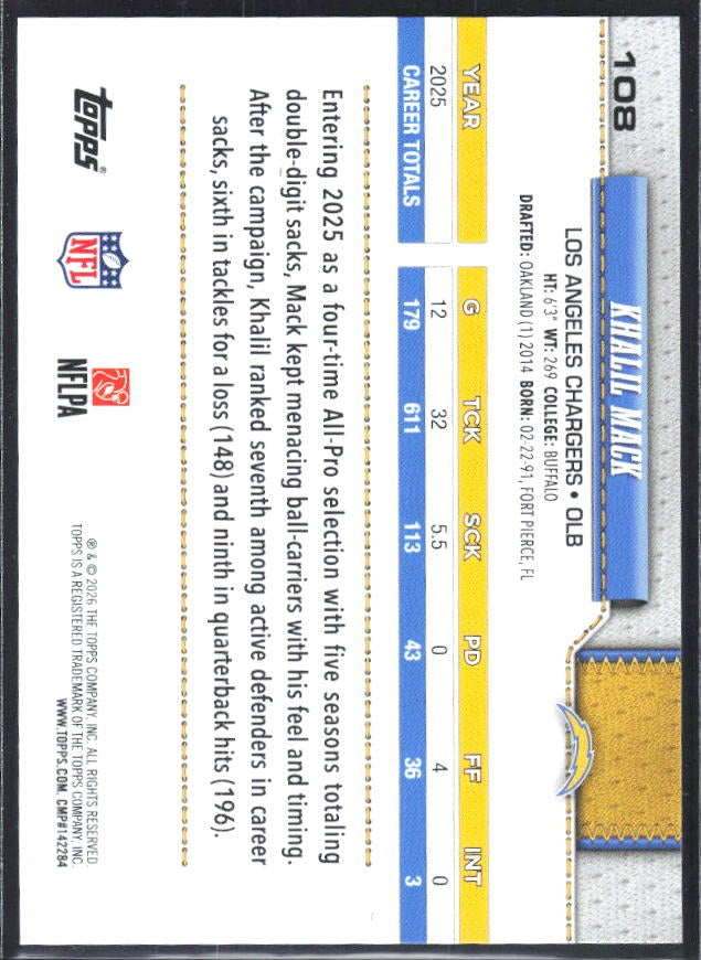 2026 Topps Flagship Football Khalil Mack #108 – baksida
