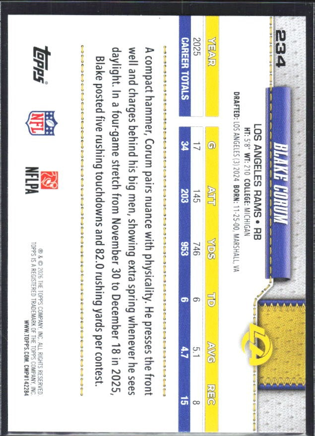 2026 Topps Flagship Football Blake Corum #234 – baksida