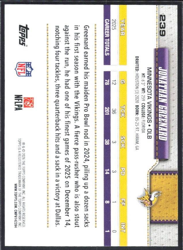 2026 Topps Flagship Football Jonathan Greenard #239 – baksida