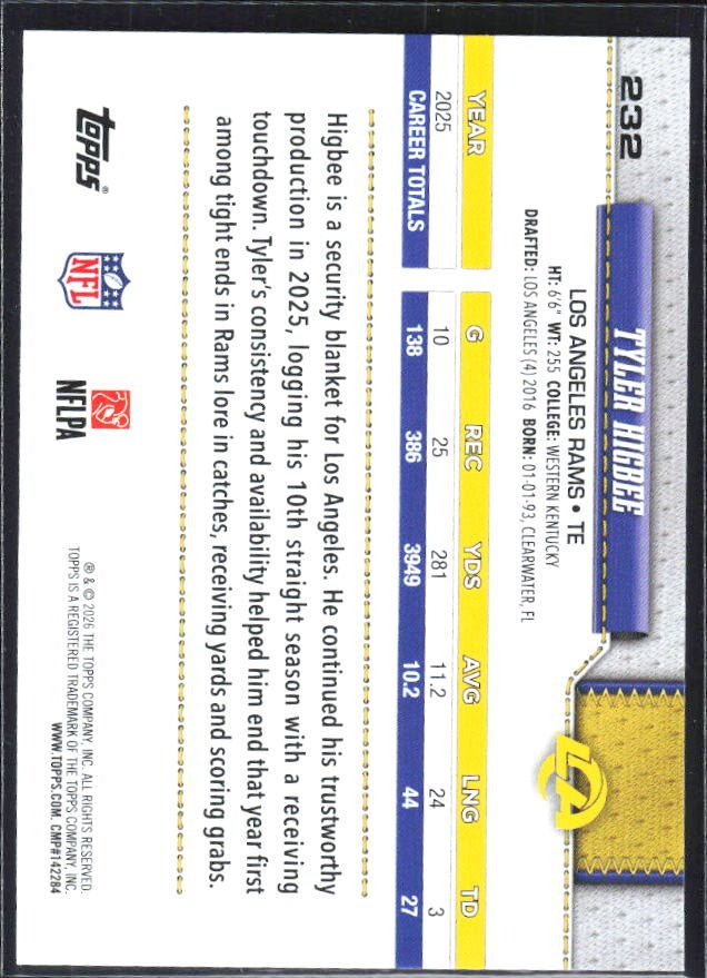 2026 Topps Flagship Football Tyler Higbee #232 – baksida