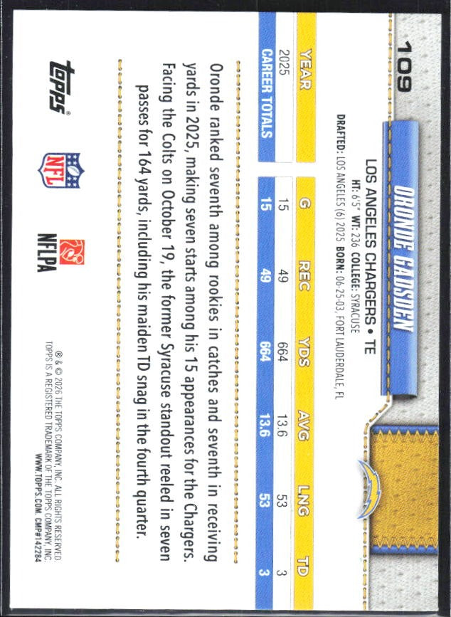 2026 Topps Flagship Football Oronde Gadsden #109 – baksida