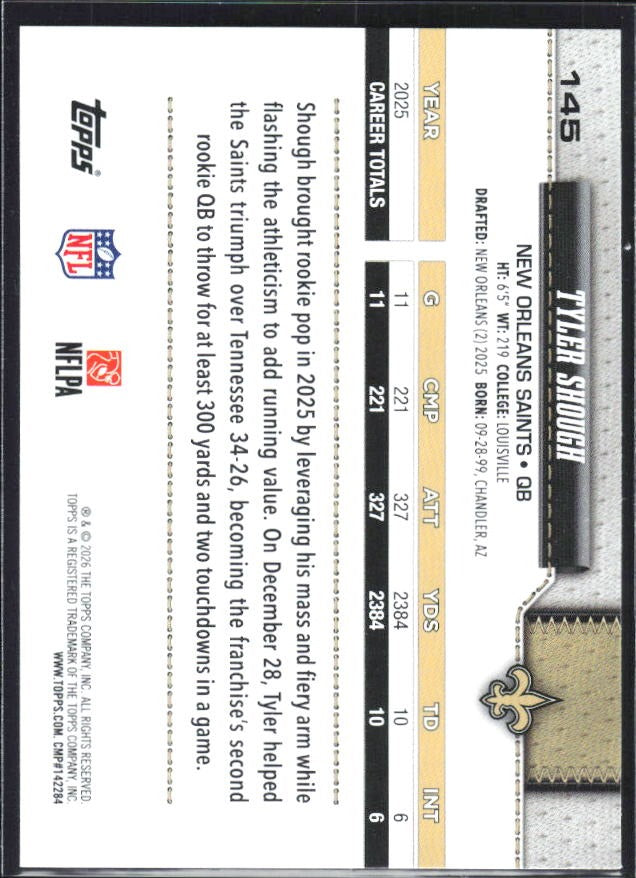 2026 Topps Flagship Football Tyler Shough #145 – baksida