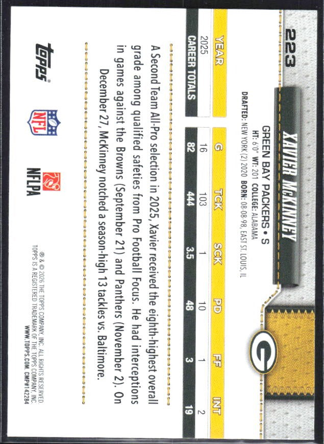 2026 Topps Flagship Football Xavier McKinney #223 – baksida