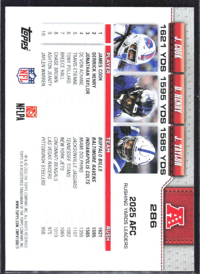 2026 Topps Flagship Football AFC Rushing Leaders (Derrick Henry / Jonathan Taylor / James Cook) #286 – baksida