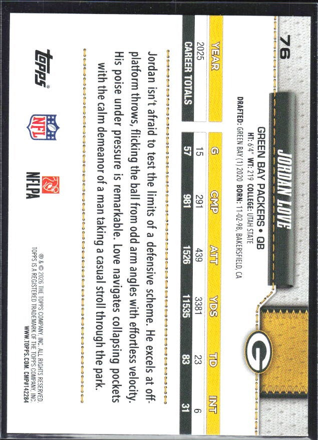 2026 Topps Flagship Football Jordan Love #76 – baksida