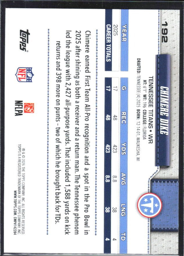 2026 Topps Flagship Football Chimere Dike #192 – baksida