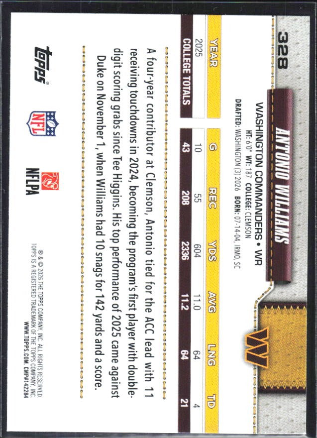 2026 Topps Flagship Football Antonio Williams RC #328 – baksida