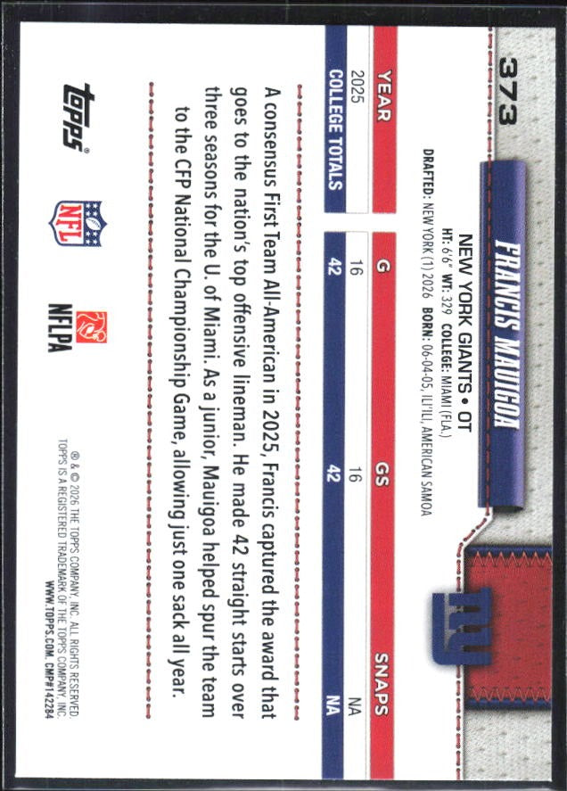 2026 Topps Flagship Football Francis Mauigoa RC #373 – baksida