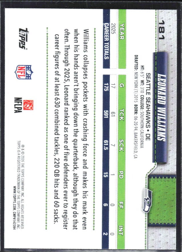 2026 Topps Flagship Football Leonard Williams #181 – baksida