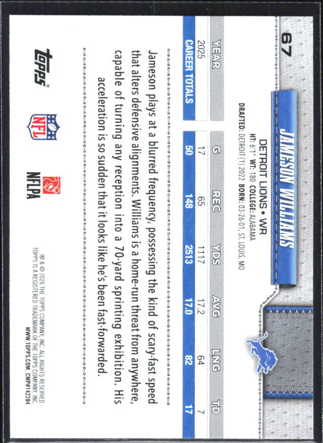 2026 Topps Flagship Football Jameson Williams #67 – baksida