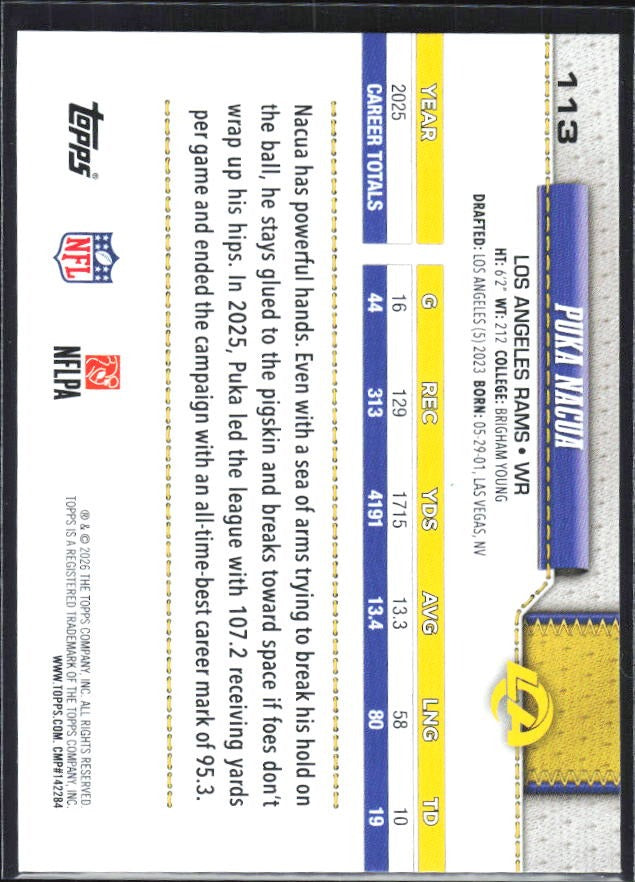 2026 Topps Flagship Football Puka Nacua #113 – baksida