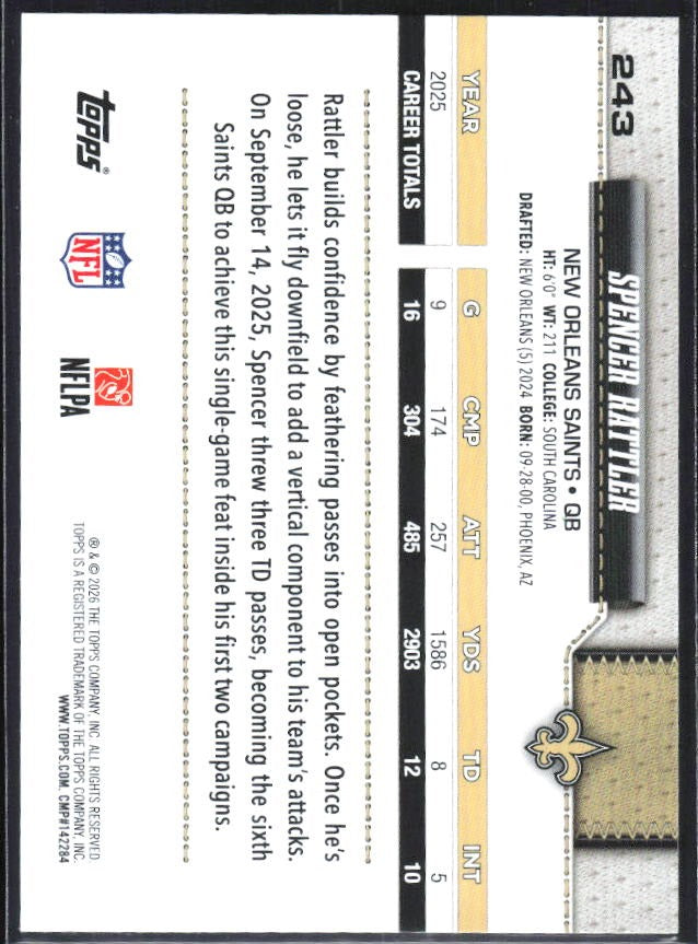 2026 Topps Flagship Football Spencer Rattler #243 – baksida
