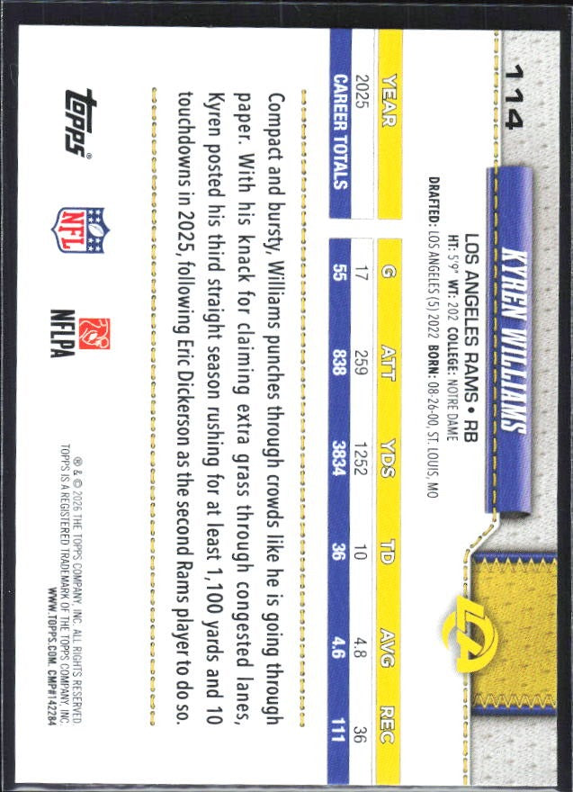 2026 Topps Flagship Football Kyren Williams #114 – baksida