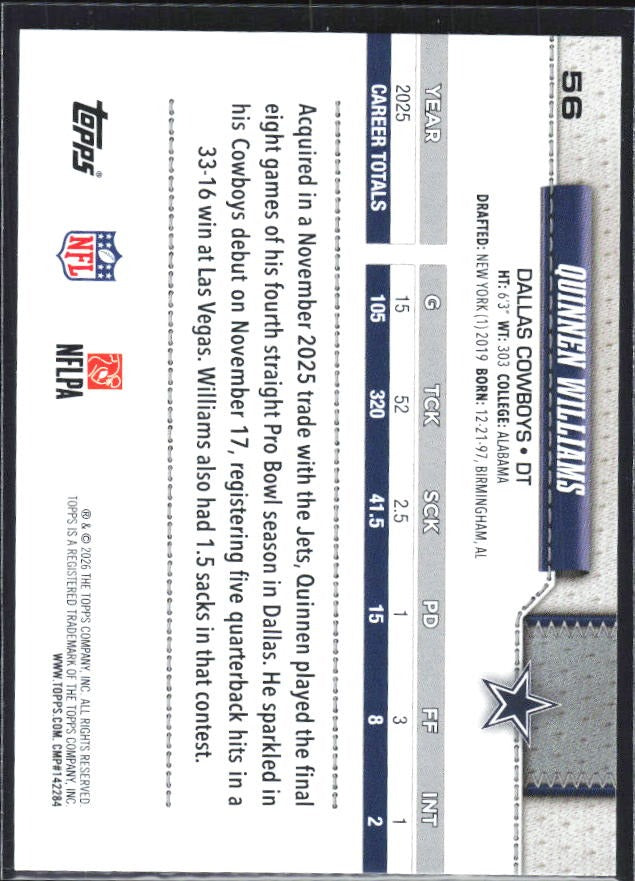 2026 Topps Flagship Football Quinnen Williams #56 – baksida