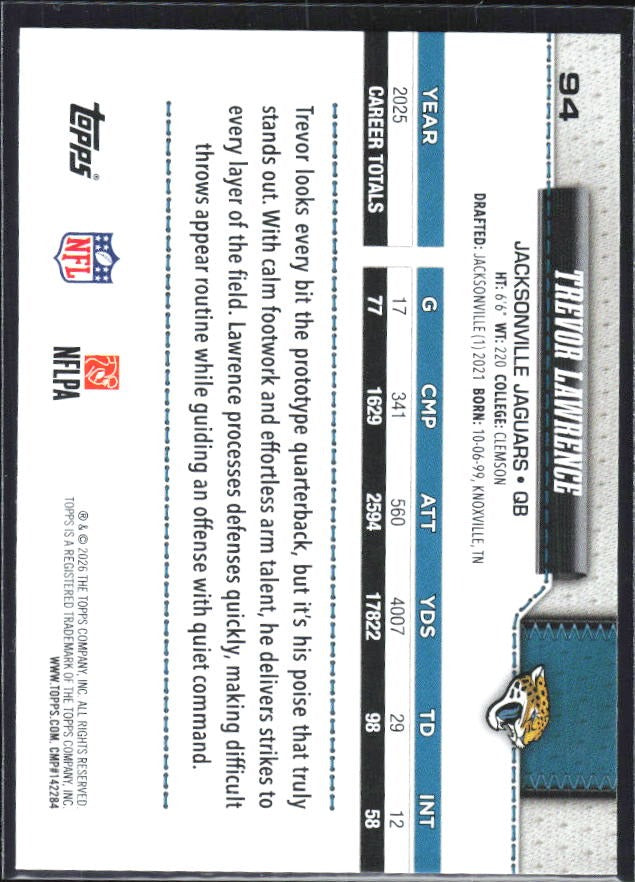 2026 Topps Flagship Football Trevor Lawrence #94 – baksida