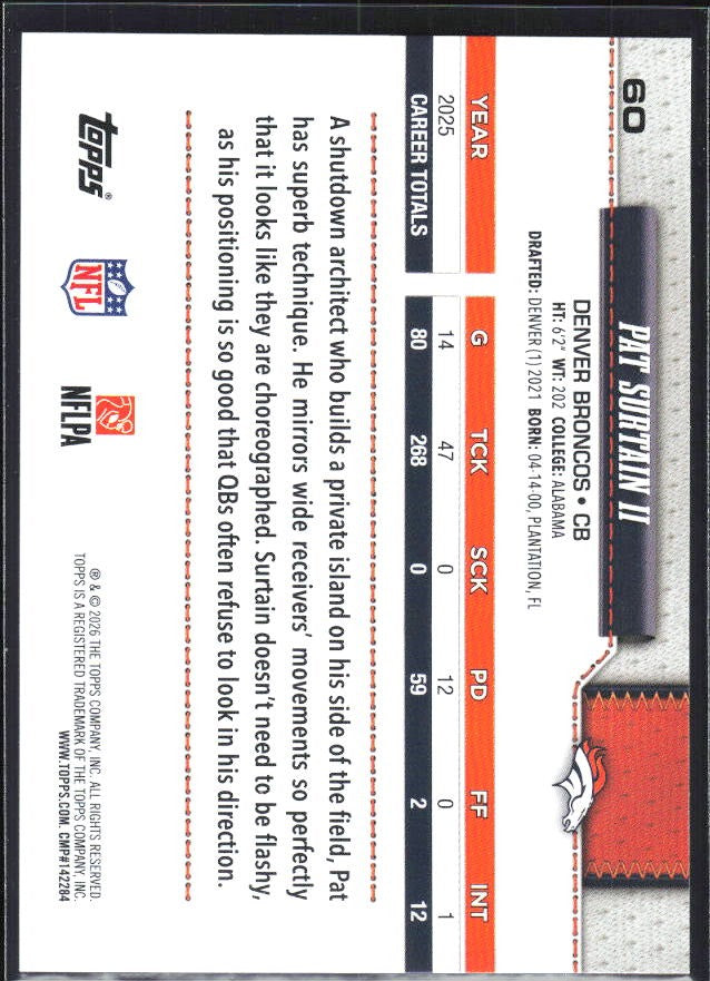 2026 Topps Flagship Football Pat Surtain II #60 – baksida
