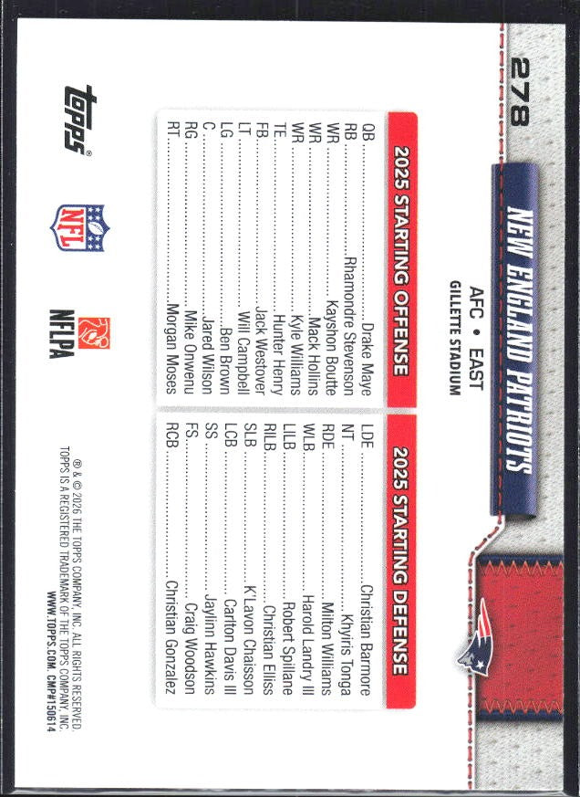 2026 Topps Flagship Football New England Patriots #278 – baksida