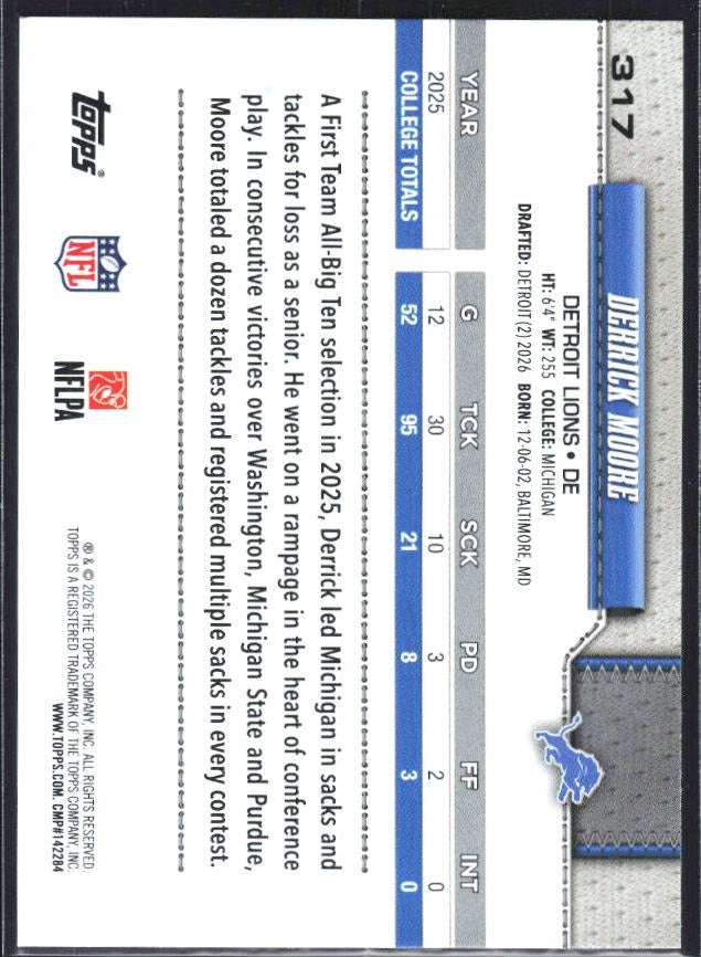 2026 Topps Flagship Football Derrick Moore RC #317 – baksida