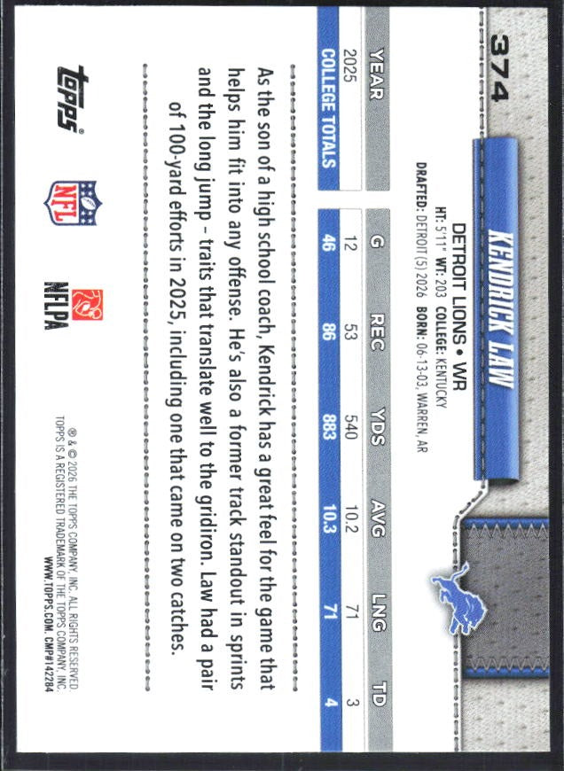 2026 Topps Flagship Football Kendrick Law RC #374 – baksida