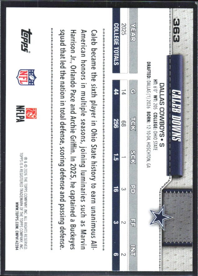 2026 Topps Flagship Football Caleb Downs RC #363 – baksida